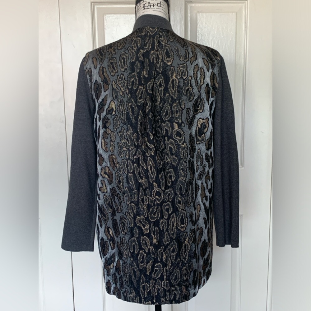 Chico’s Gray Open Front Cardigan with Metallic Animal Print Back